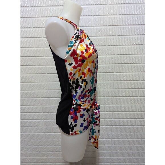 C'est City Women's Multi-Color Tie-Waist Black Knit Back Sleeveless Silk Top Siz - Picture 4 of 10